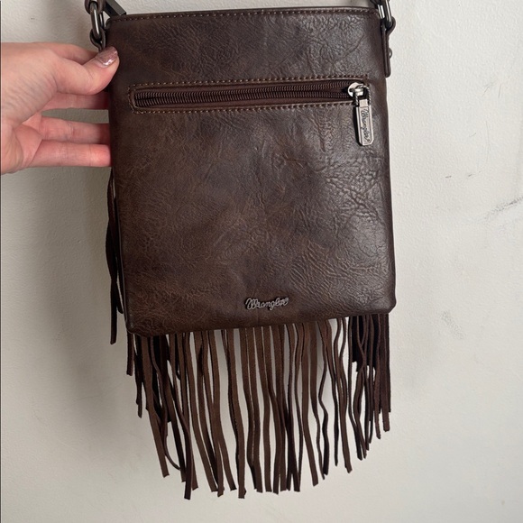 Wrangler | Denim & Brown Fringe Leather Crossbody In Coffee - Picture 11 of 16